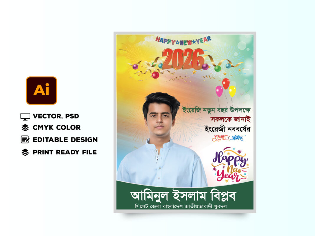 ইংরেজি নতুন বছরের শুভেচ্ছা বার্তা পোস্টার ডিজাইন 2026